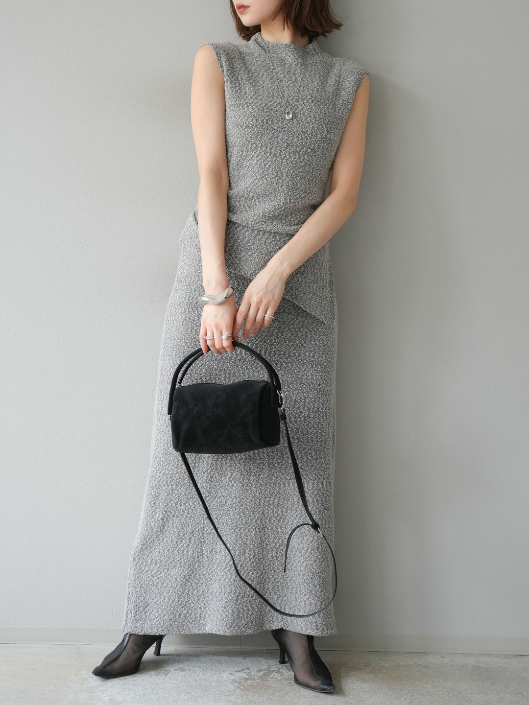 [予約]ブークレーニットIラインスカート/グレー