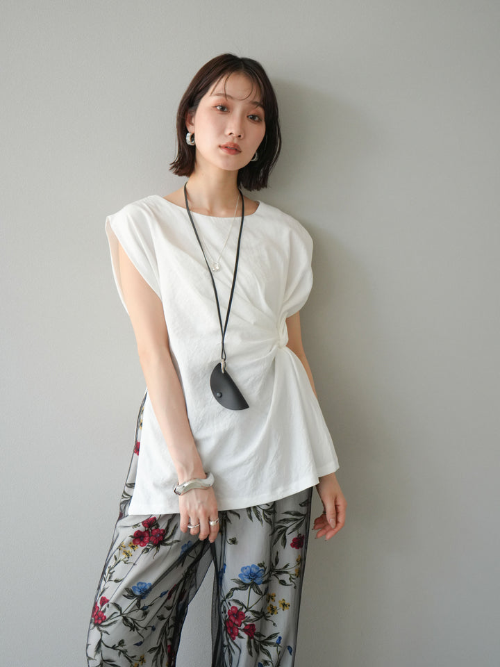 [SET] 側扭法式上衣+植物圖案休閒褲+繩繡薄紗疊穿褲（3件套裝）