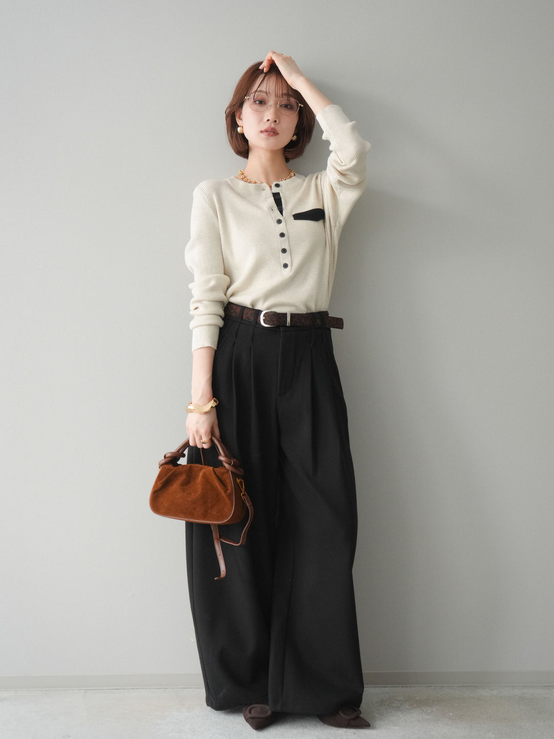 [SET]バイカラーデザインポケット配色ヘンリーネックニットソー+アニマル柄ベルト付きウールタッチワイドパンツ(2set)