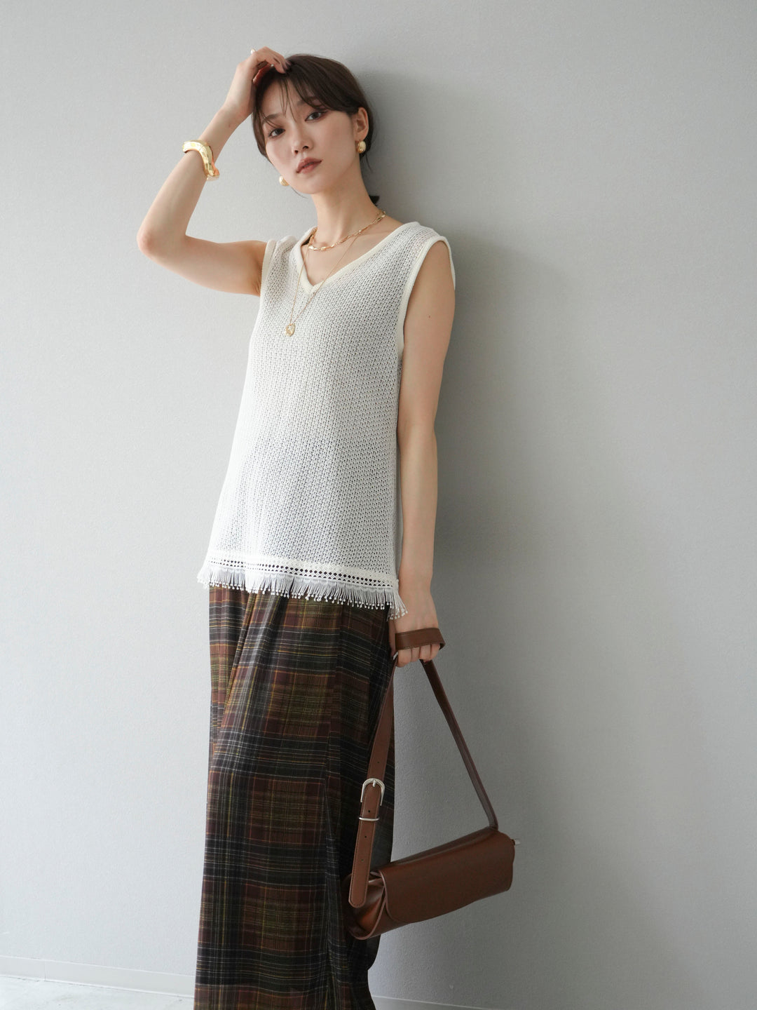 [予約]裾フリンジVネックニットタンクトップアンサンブル/オフ