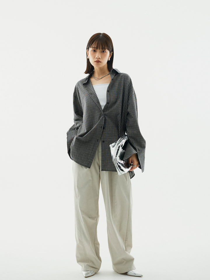 【Allure】[SET]チェックBIGカフスオーバーシャツ+タフタワイドカーブパンツ(2set)