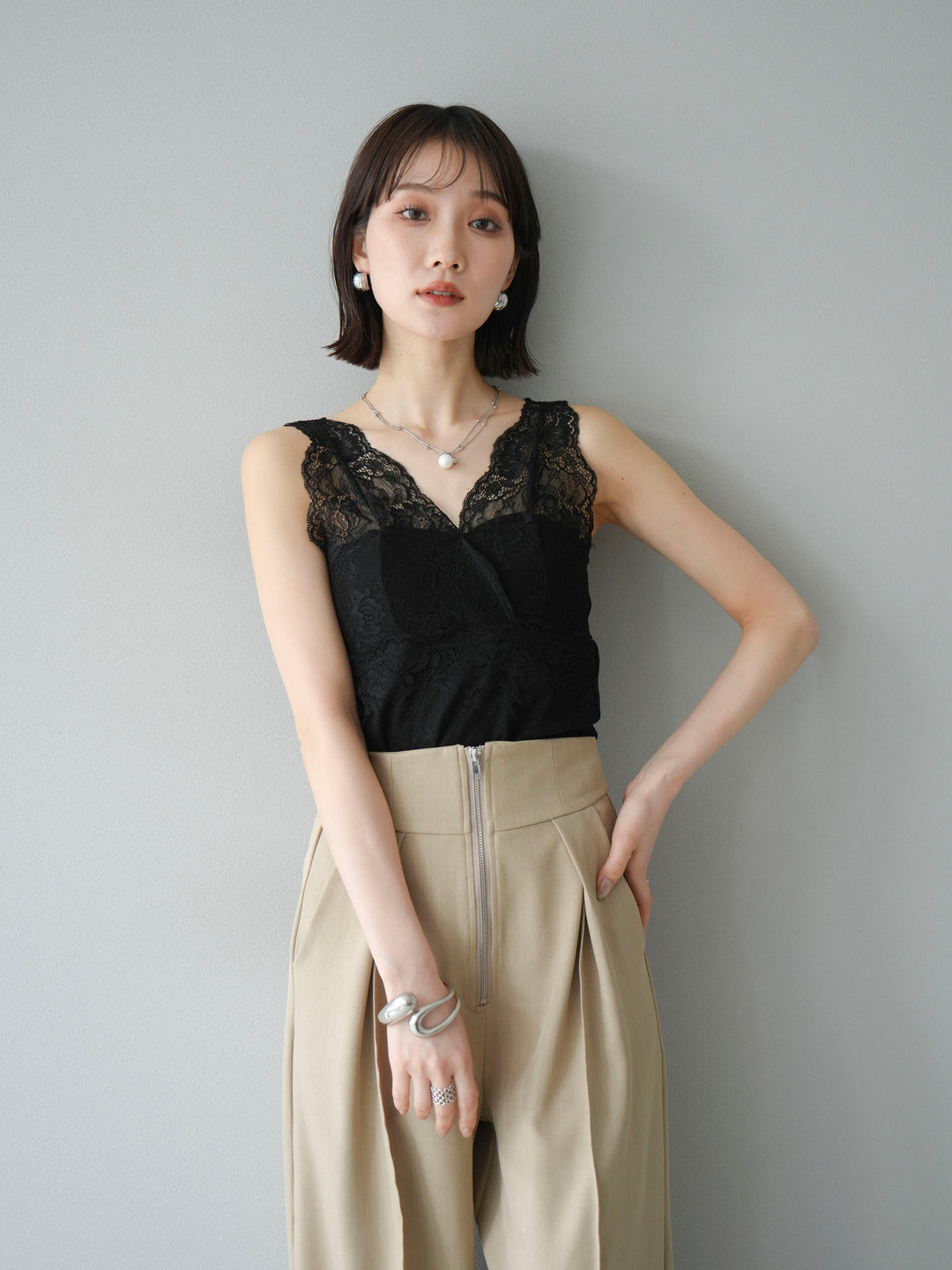 [予約]カップ付レースタンクトップ/ ブラック