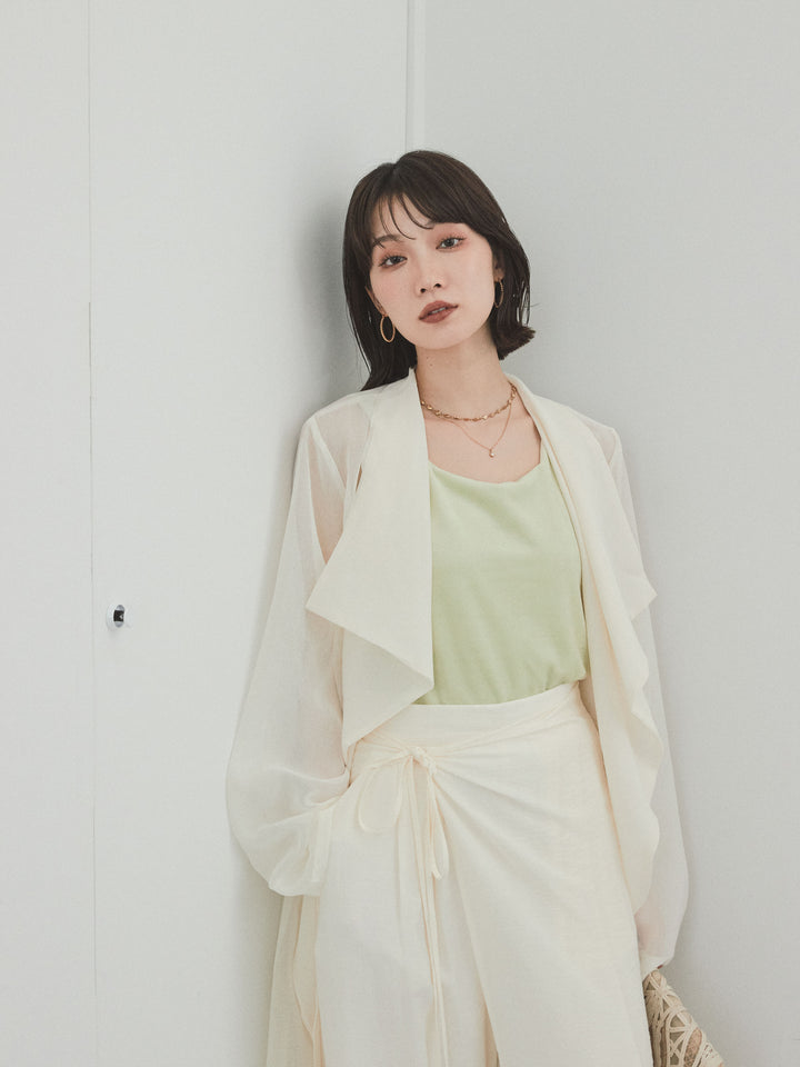 [SET] 方形天鵝絨背心 + 水洗緞層疊裙褲 + 透視長外套 (3 件套)