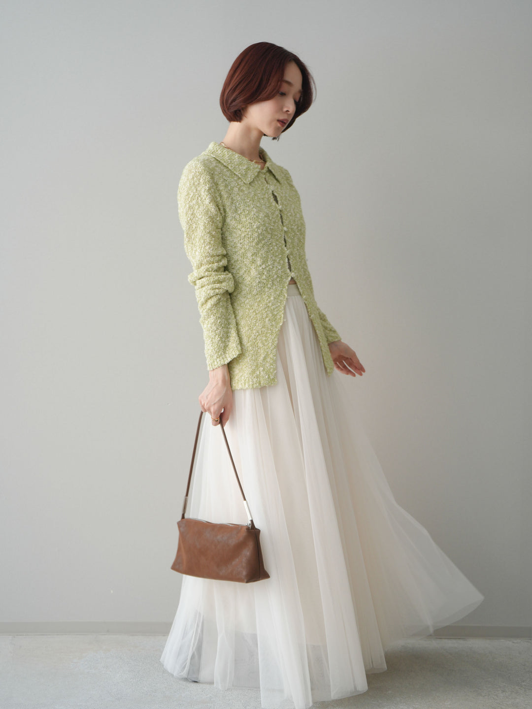 [SET]透かし編みブークレポロニットトップス+チュールボリュームスカート(2set)