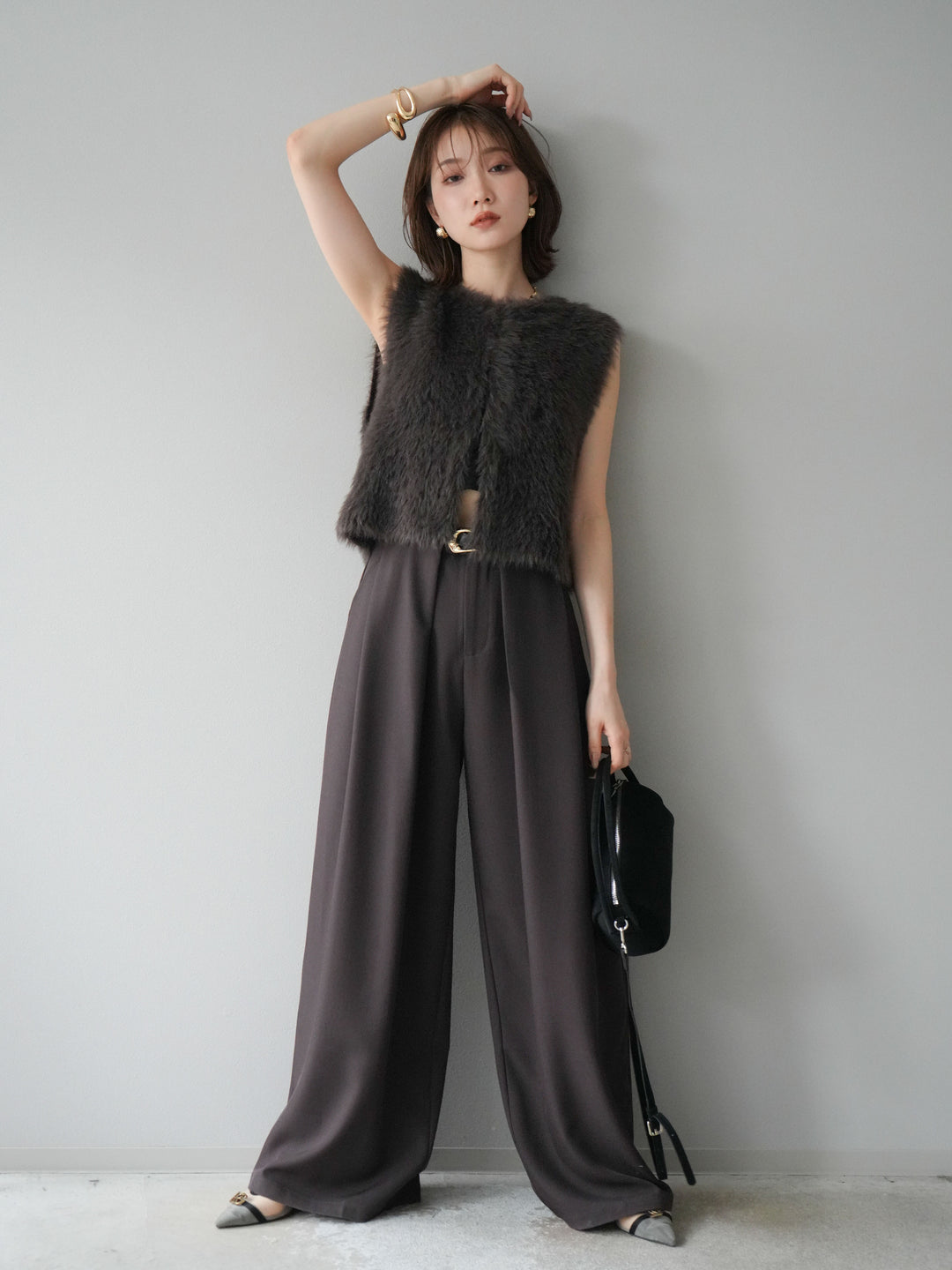 【預購】皮帶環設計寬褲/棕色