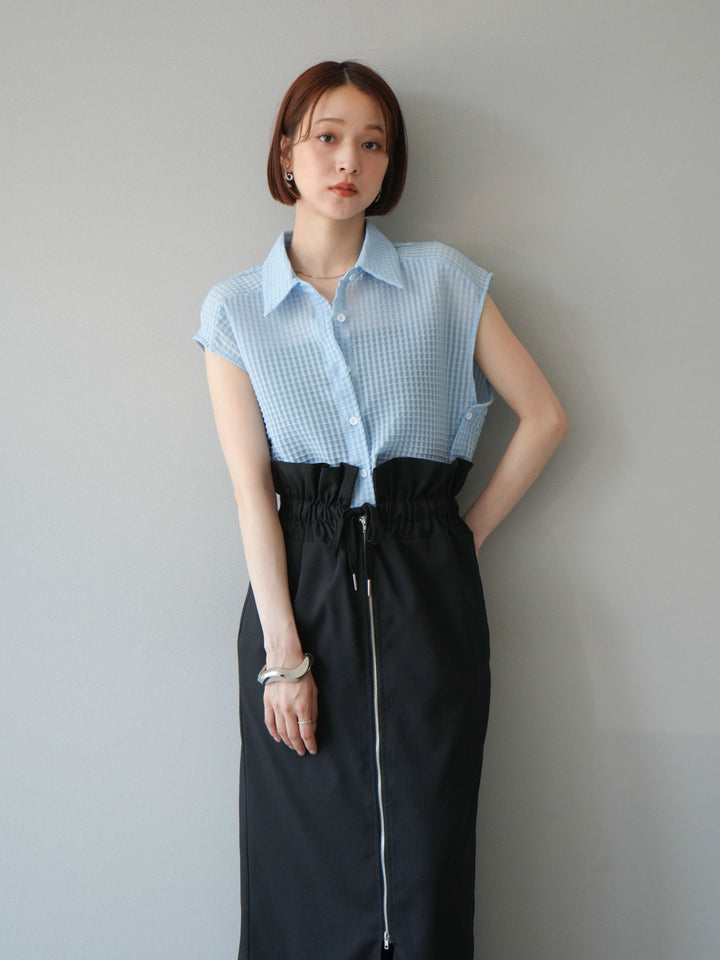[SET]シアーチェックノースリーブシャツ+ヘザーエステルギャザージップスカート(2set)