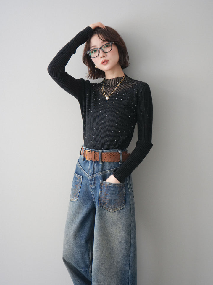 [予約]シアー切替スパンコールリブニットトップス/black