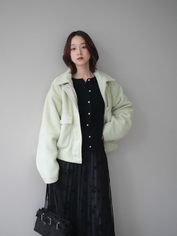 [SET]ウールライクフライトジャケット+アンティークボタンニットカーディガン+フラワーフロッキーチュールプリーツスカート(3set)