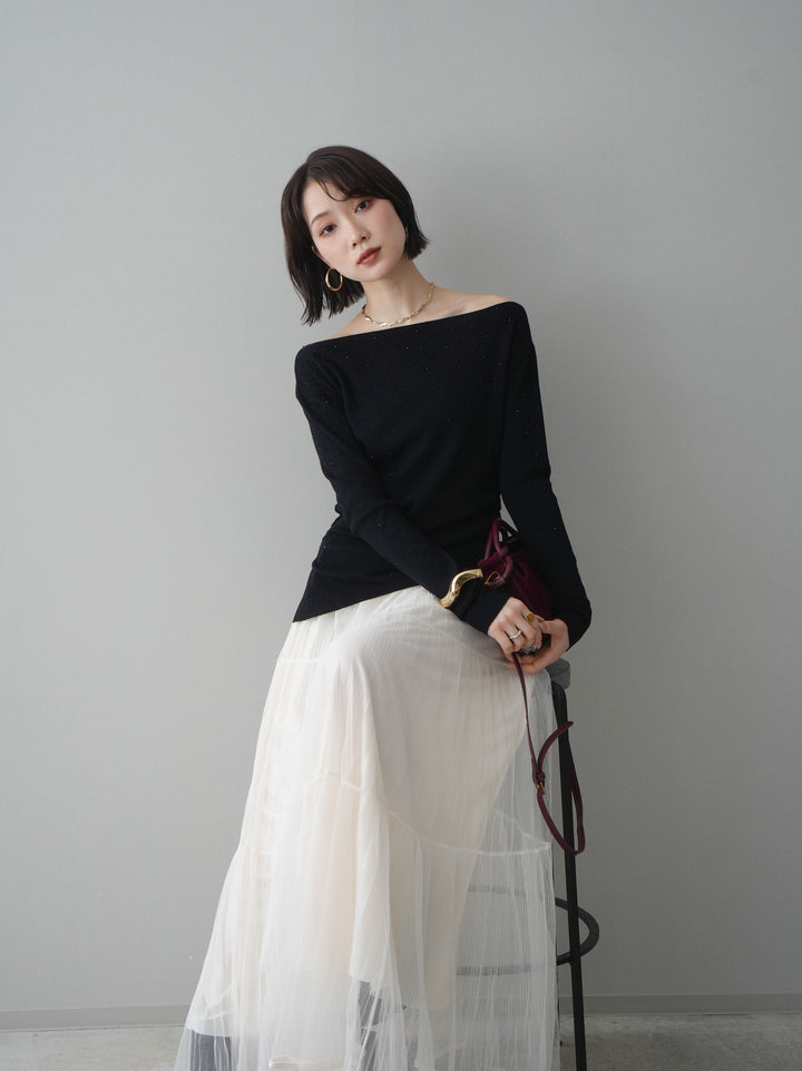 [予約]ラインストーンアシンメトリーニットトップス/black