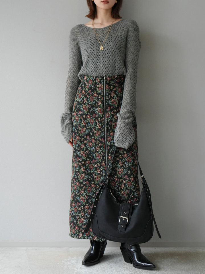 [予約]透かし編みニットトップス/グレー