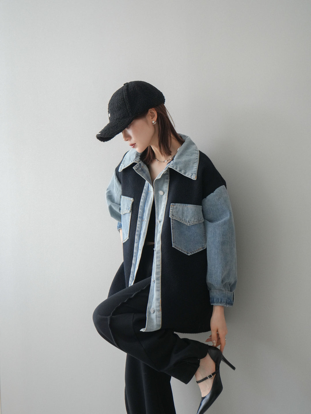 [予約]デニム襟ダブルフェイスニットカーディガン/black