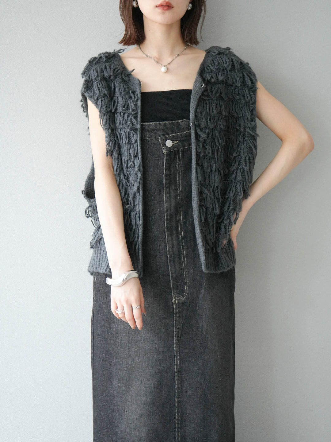 [SET]ループデザインベスト+アシンメトリーデニムワンピース(2set)
