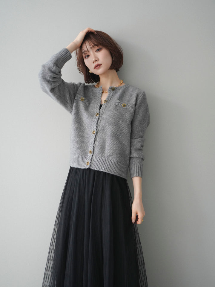 [SET]編みこみアンティークボタンニットカーディガン+チュールストライプボリュームスカート(2set)