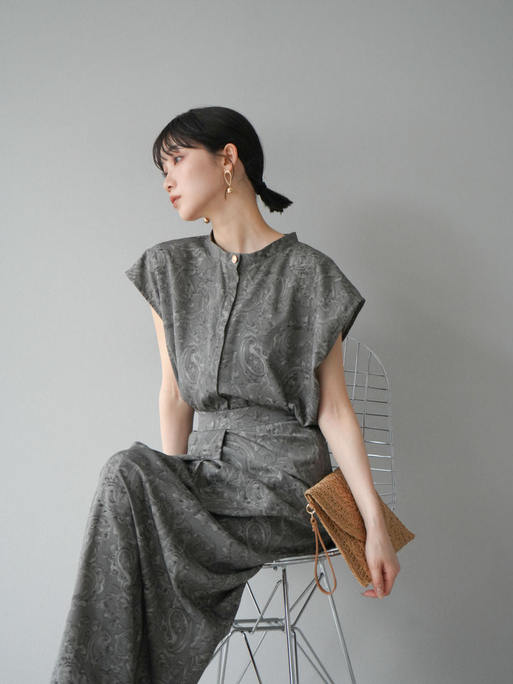 [SET]ペイズリープリントゴールドボタンブラウス+ペイズリープリントタックIラインスカート(2set)