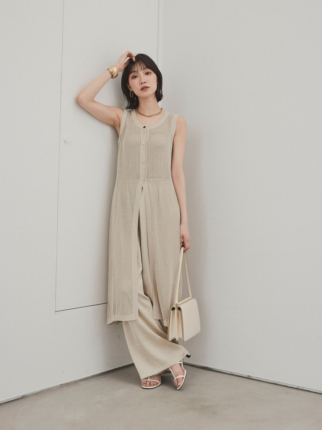 [SET]アソートボタンニットロングジレ+サテンイージーパンツ(2set)