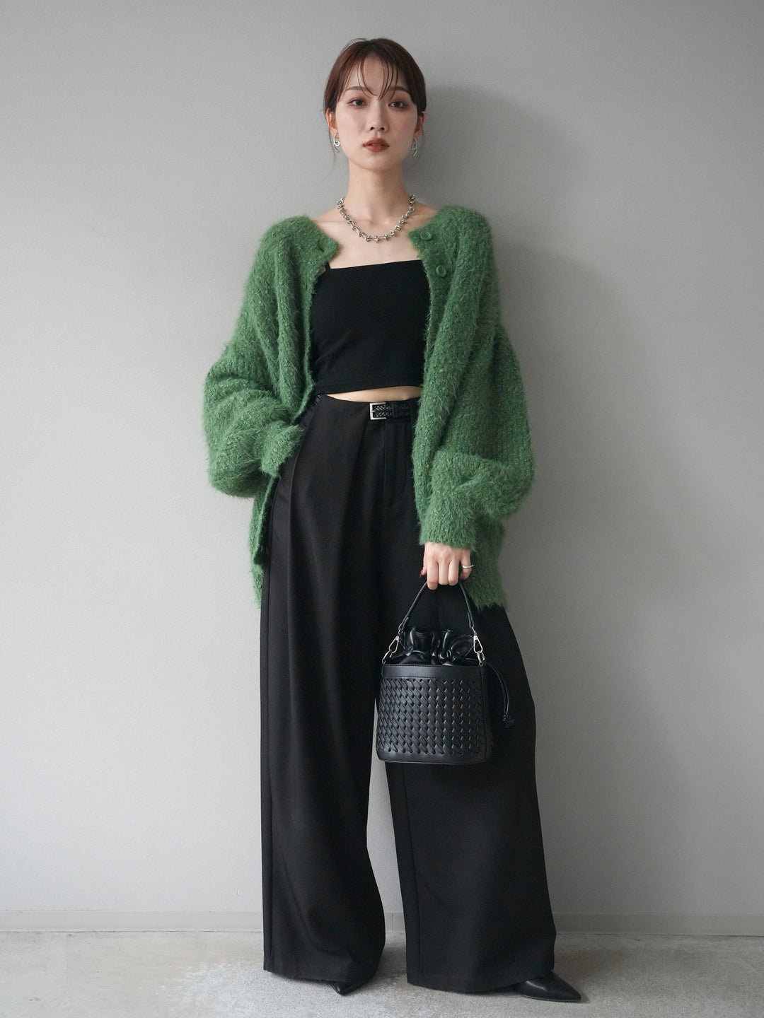 [SET]クルーネックランダムシャギーカーディガン+ベルトループデザインワイドパンツ(2set)