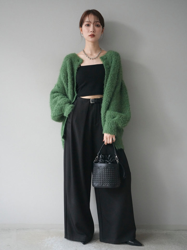 [SET]クルーネックランダムシャギーカーディガン+ベルトループデザインワイドパンツ(2set)