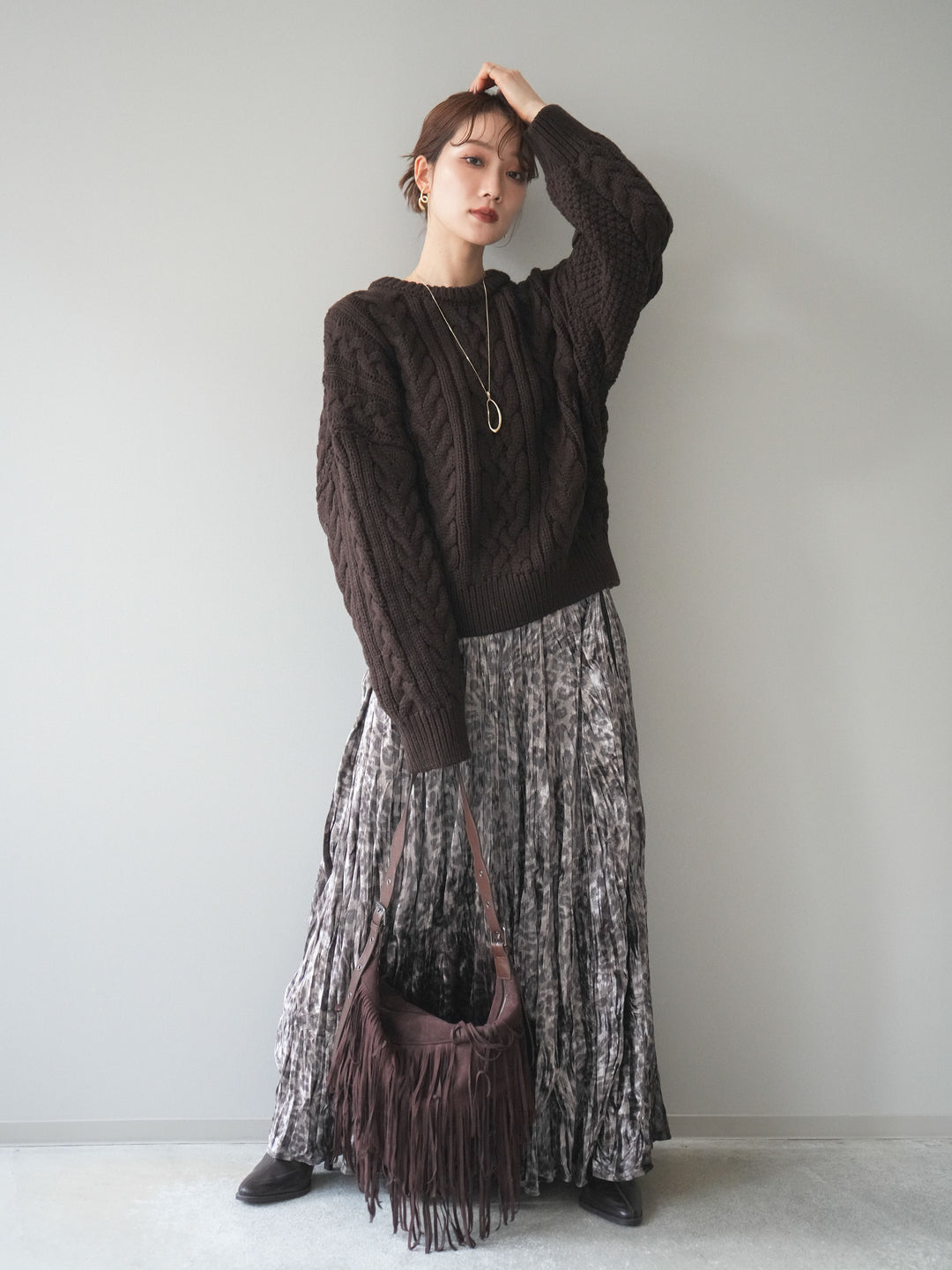 [予約]レオパードベロアワッシャーロングスカート/gray