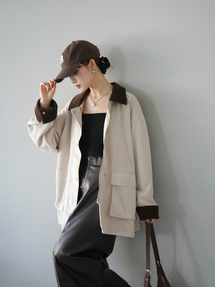 [予約]コーデュロイ襟スウェードミドルジャケット /エクリュ