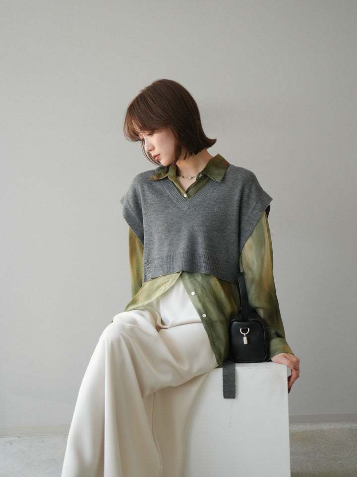 [予約]サイドリボンVネックショートニットベスト/チャコール