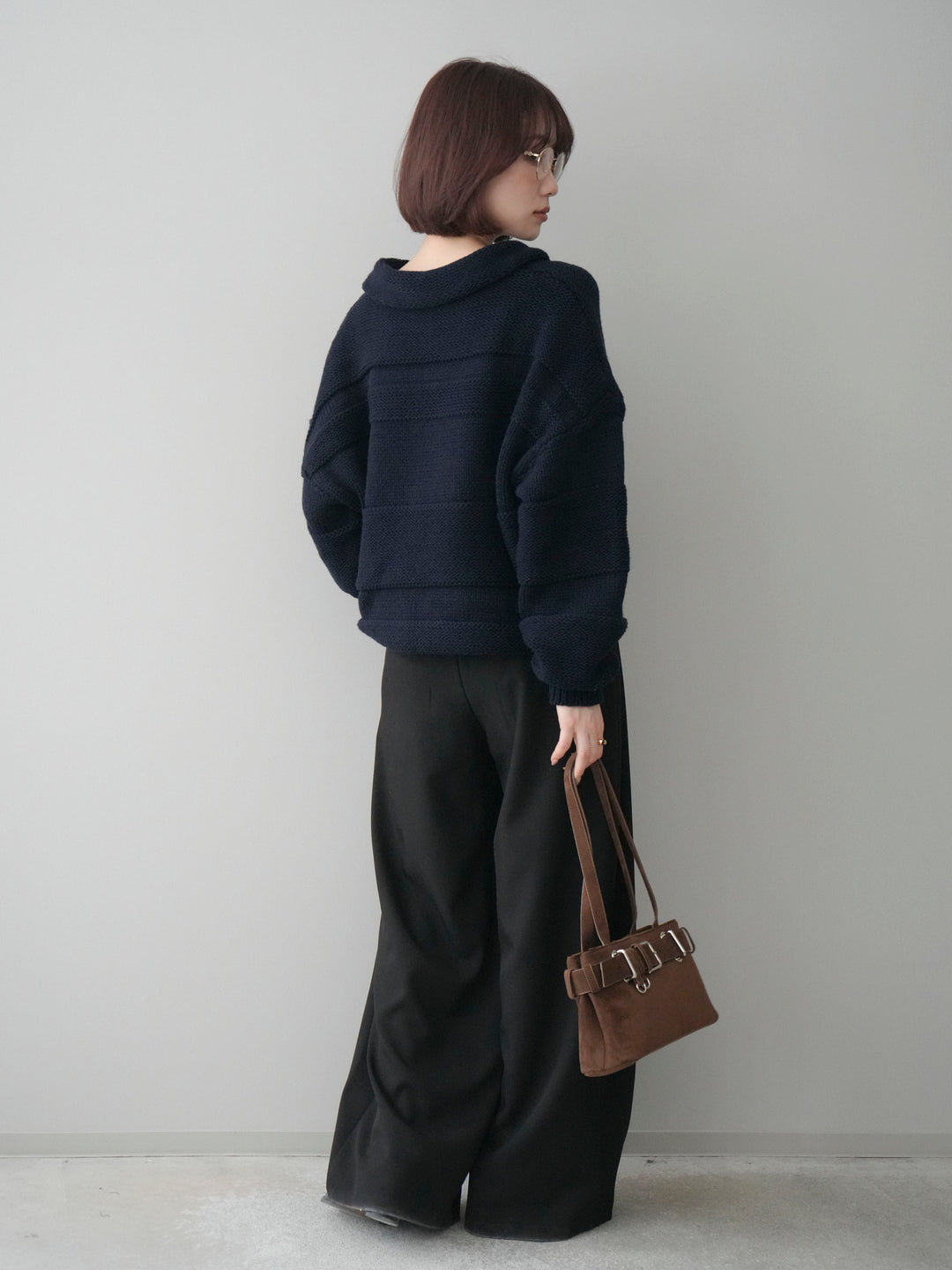 [SET]襟付きボーダー編みニットプルオーバー+ベルトループデザインワイドパンツ(2set)