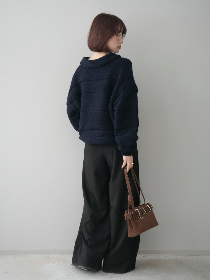 [SET]襟付きボーダー編みニットプルオーバー+ベルトループデザインワイドパンツ(2set)