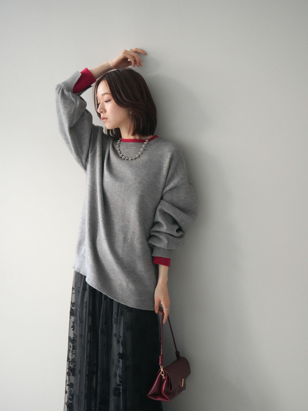 [SET]ヘンリーネック配色レイヤードニットプルオーバー+フラワーフロッキーチュールプリーツスカート(2set)