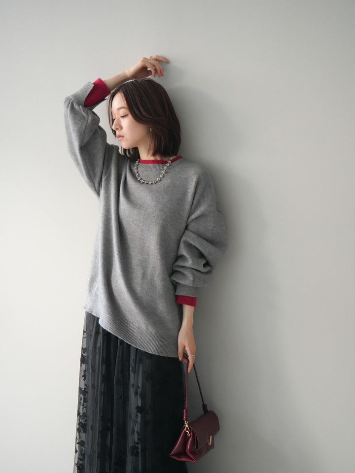 [SET]ヘンリーネック配色レイヤードニットプルオーバー+フラワーフロッキーチュールプリーツスカート(2set)