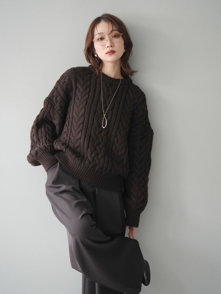 [予約]ボリュームケーブルニットプルオーバー/brown