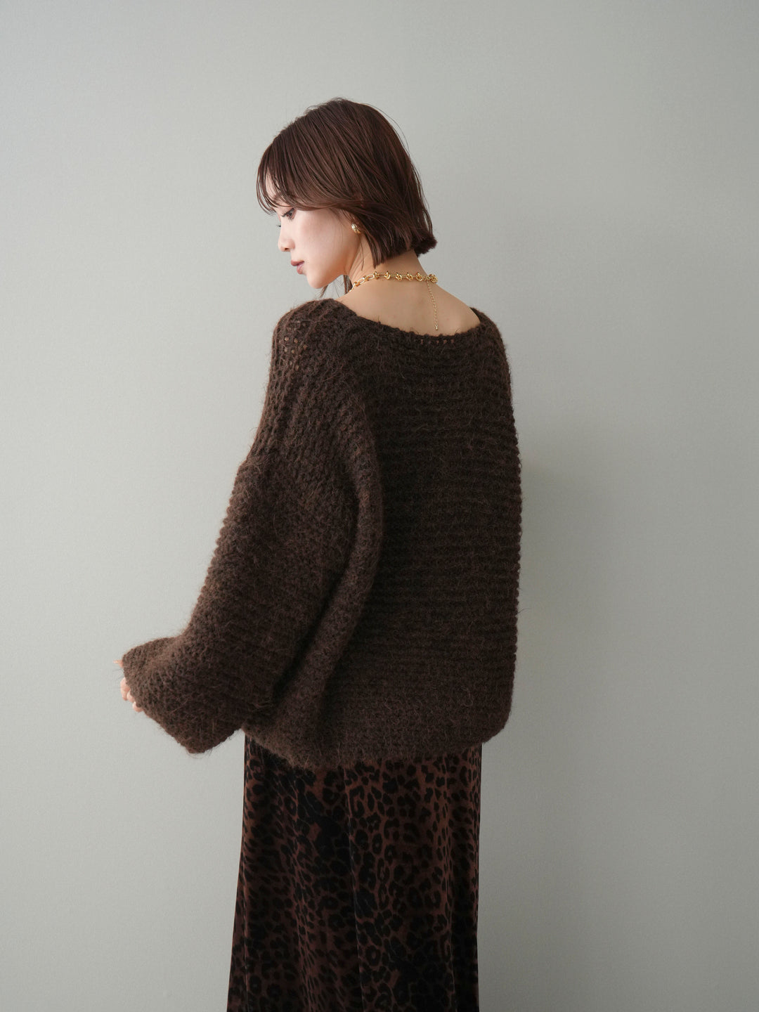 [予約]ワッフル編みシャギーニットプルオーバー/brown