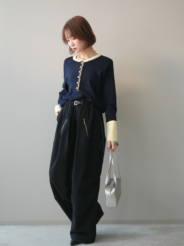 [SET]ヘンリーネック配色ニットソー+コットンタックループパンツ(2set)