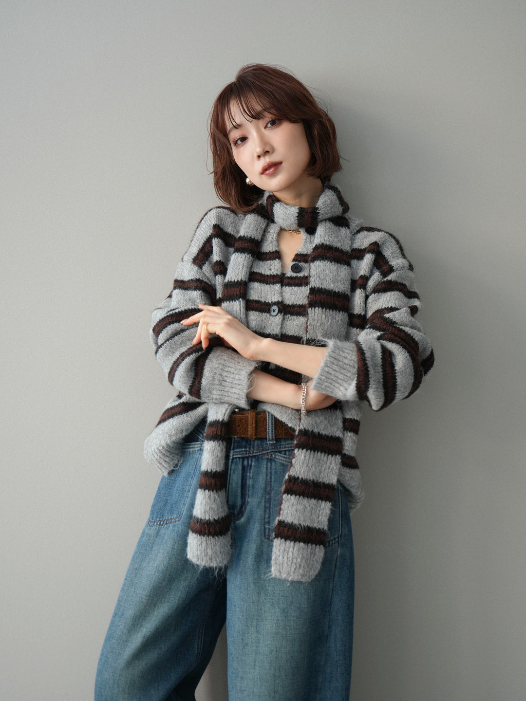 [SET]ボウタイ付きボーダーニットプルオーバー+選べるアクセセット(2set)