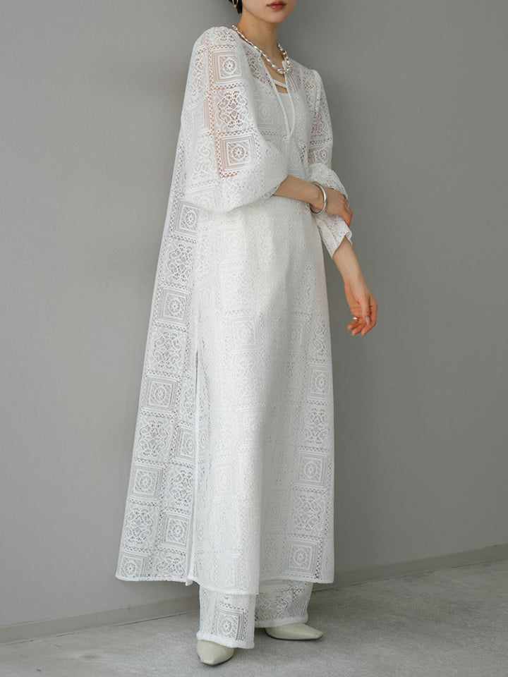 [Pre-order] Block Lace Volume Sleeve Dress/White