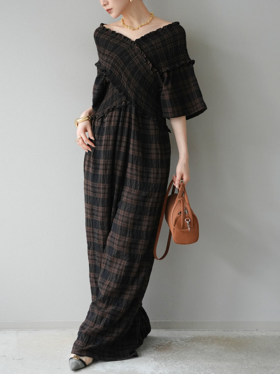 [予約]チェック柄ハーフスリーブシャーリングクロスサロペット/ブラウン