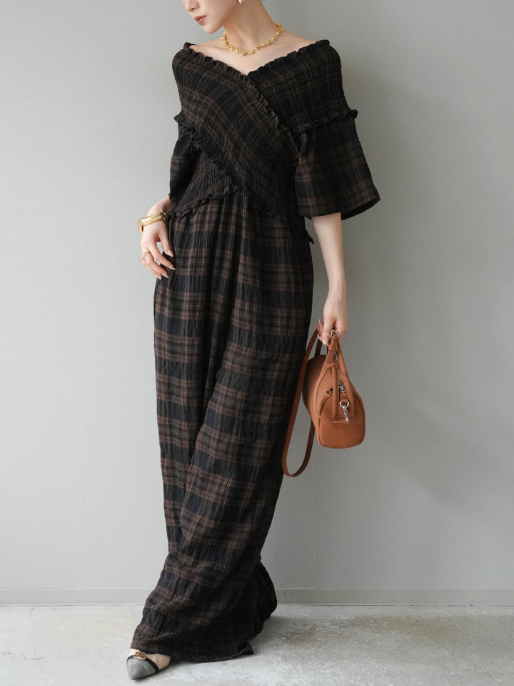 [予約]チェック柄ハーフスリーブシャーリングクロスサロペット/ブラウン