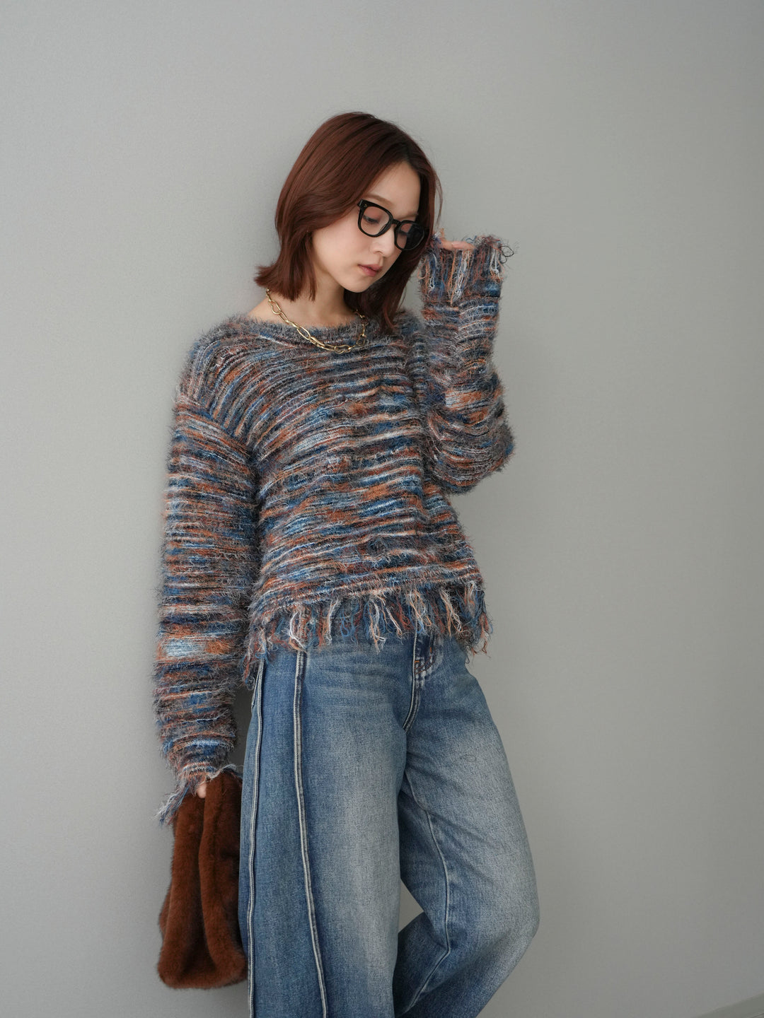 [予約]裾フリンジミックスヤーンシャギープルオーバー/blue