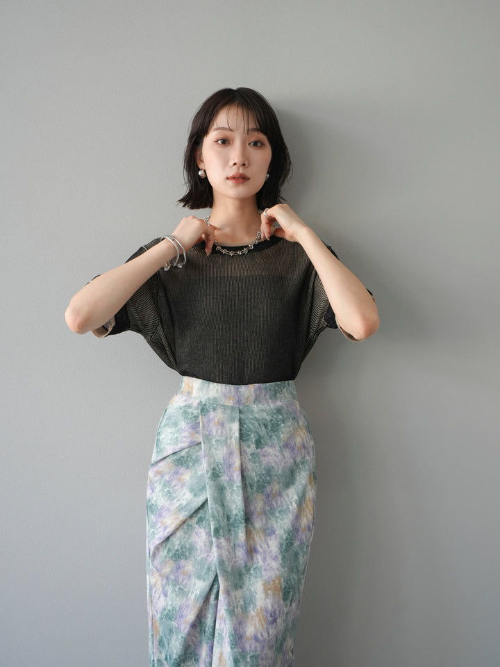 [SET]リネンタッチ配色二重臼ハーフニットトップス+選べるアソート柄スカートセット(2set)