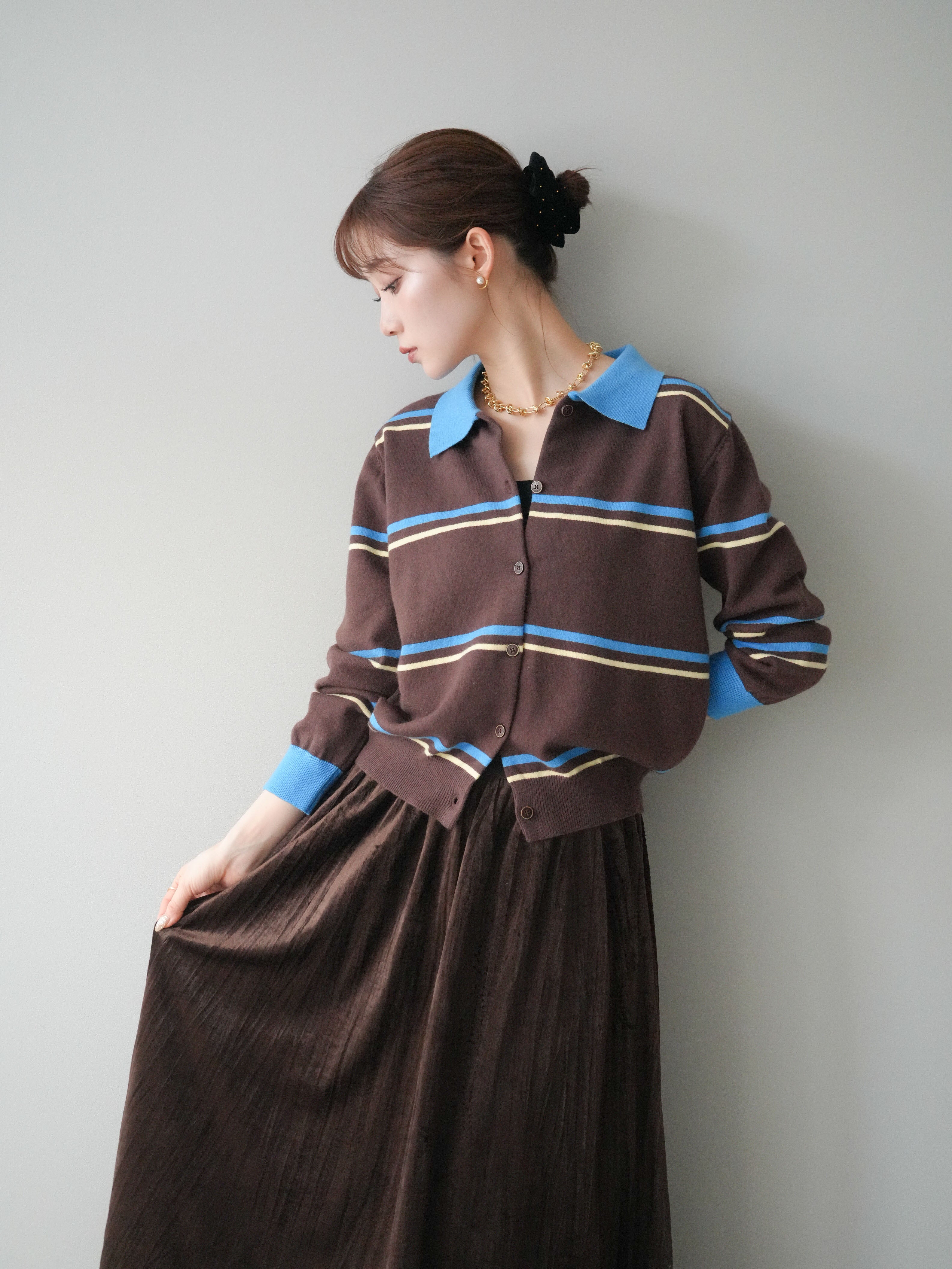 予約]配色マルチボーダーポロニットカーディガン/brown – Lumier