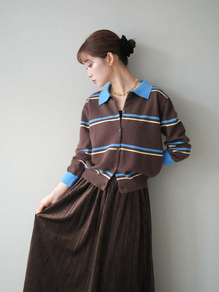 [予約]配色マルチボーダーポロニットカーディガン/brown