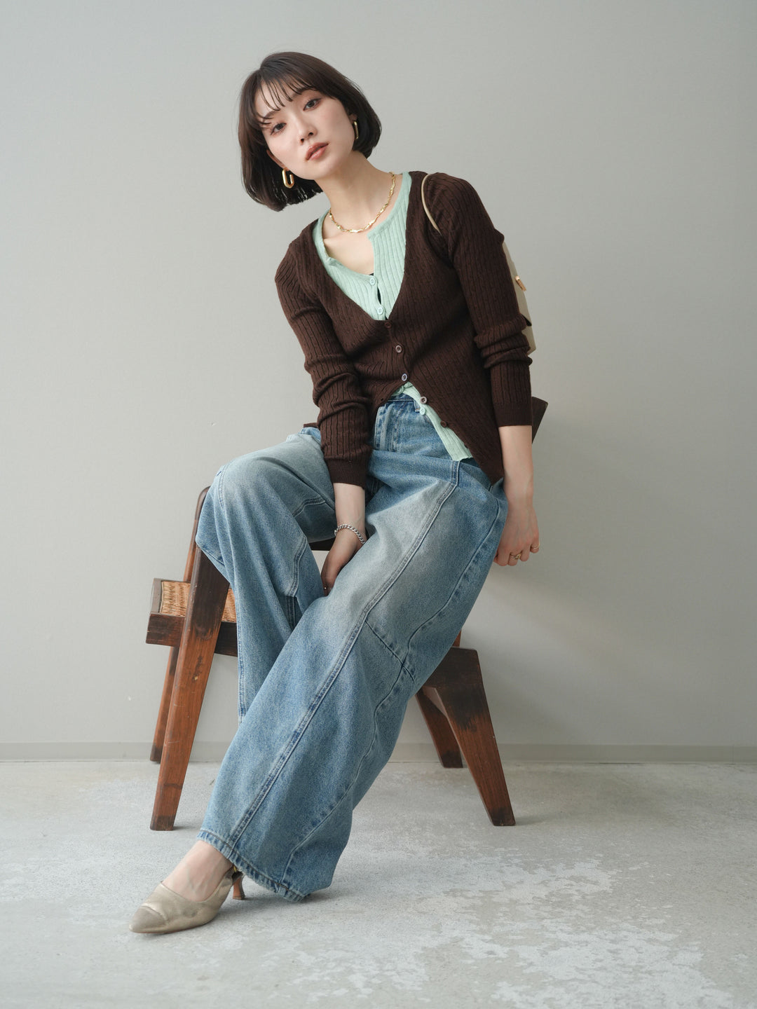 [予約]バイカラーレイヤードニットカーディガン/brown