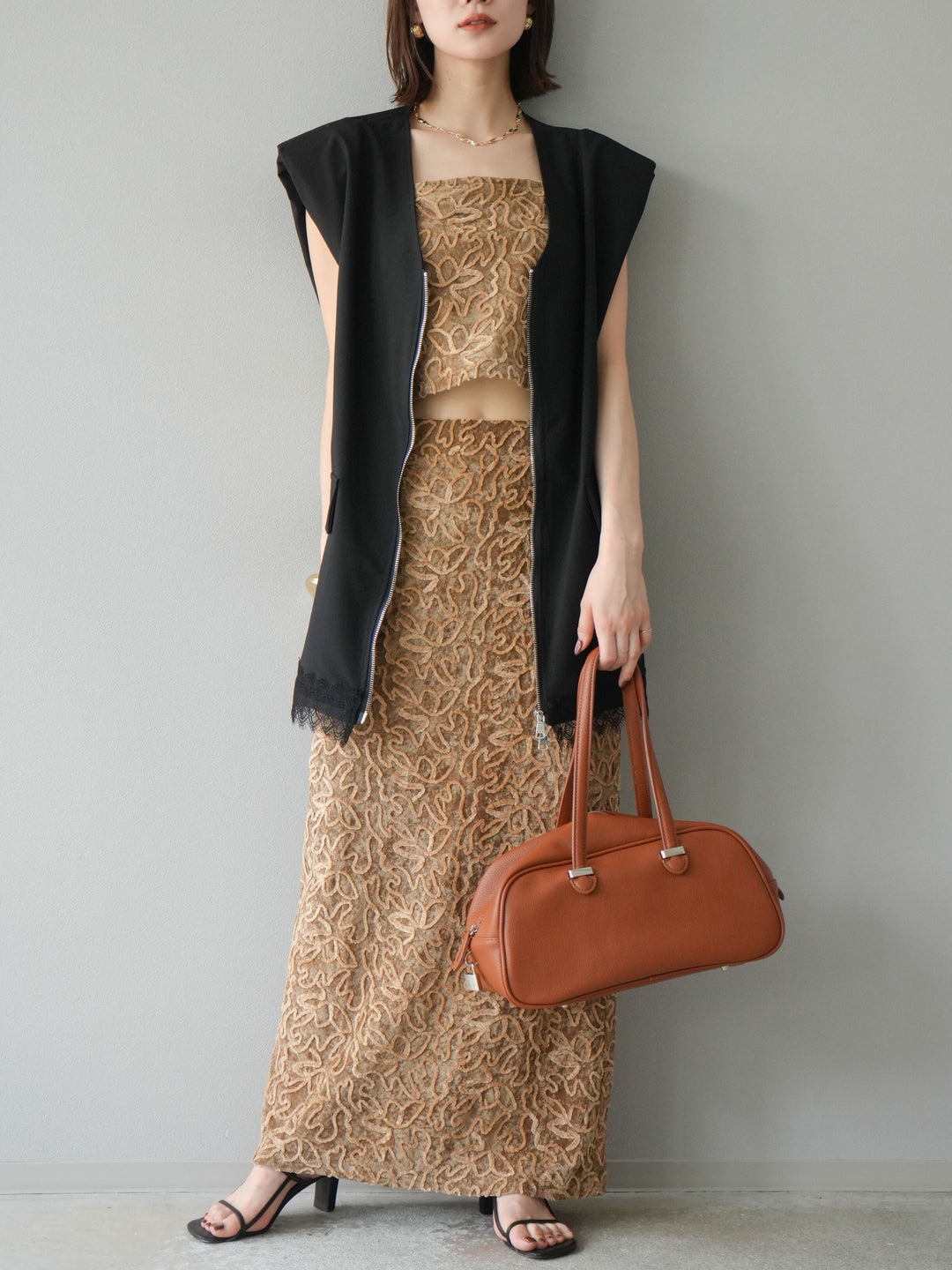 [予約]パイピングフラワーシアーベロアスカート/ベージュ