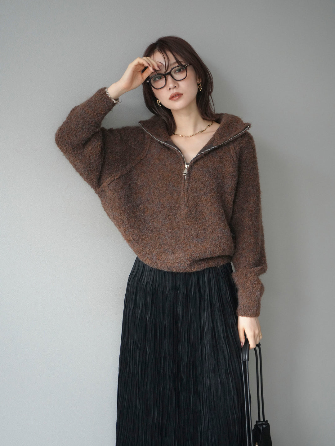 [予約]スタンドジップMIXブークレニットプルオーバー/brown