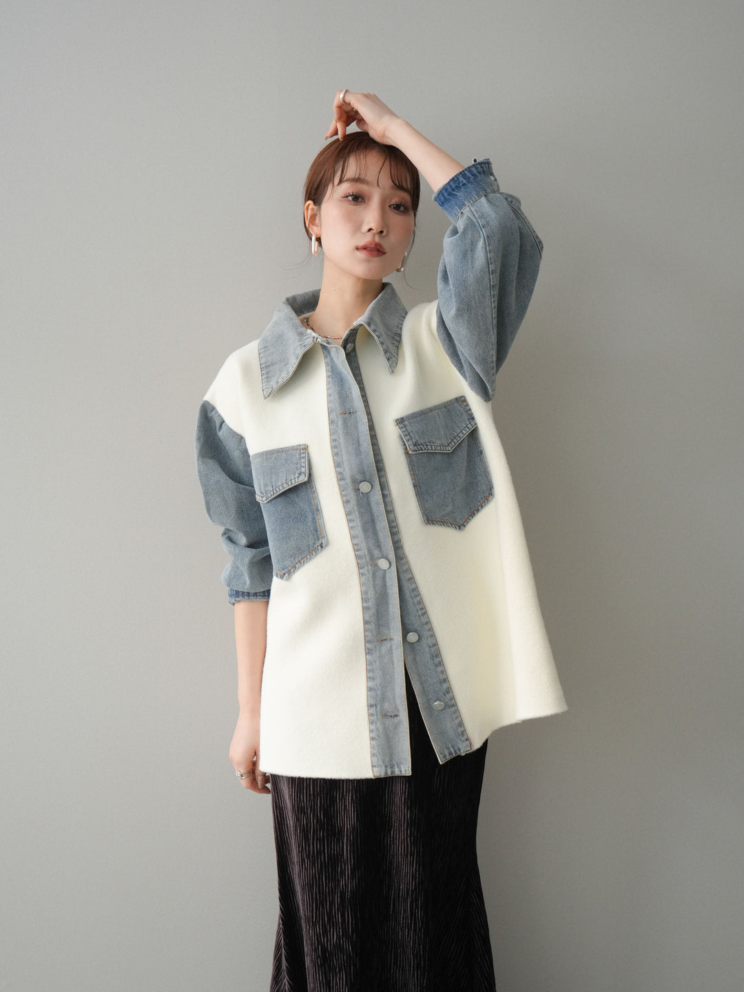 [予約]デニム襟ダブルフェイスニットカーディガン/white