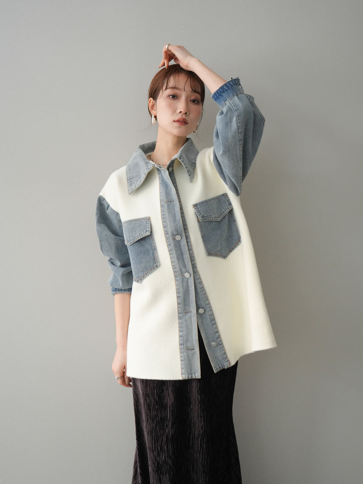 [予約]デニム襟ダブルフェイスニットカーディガン/white