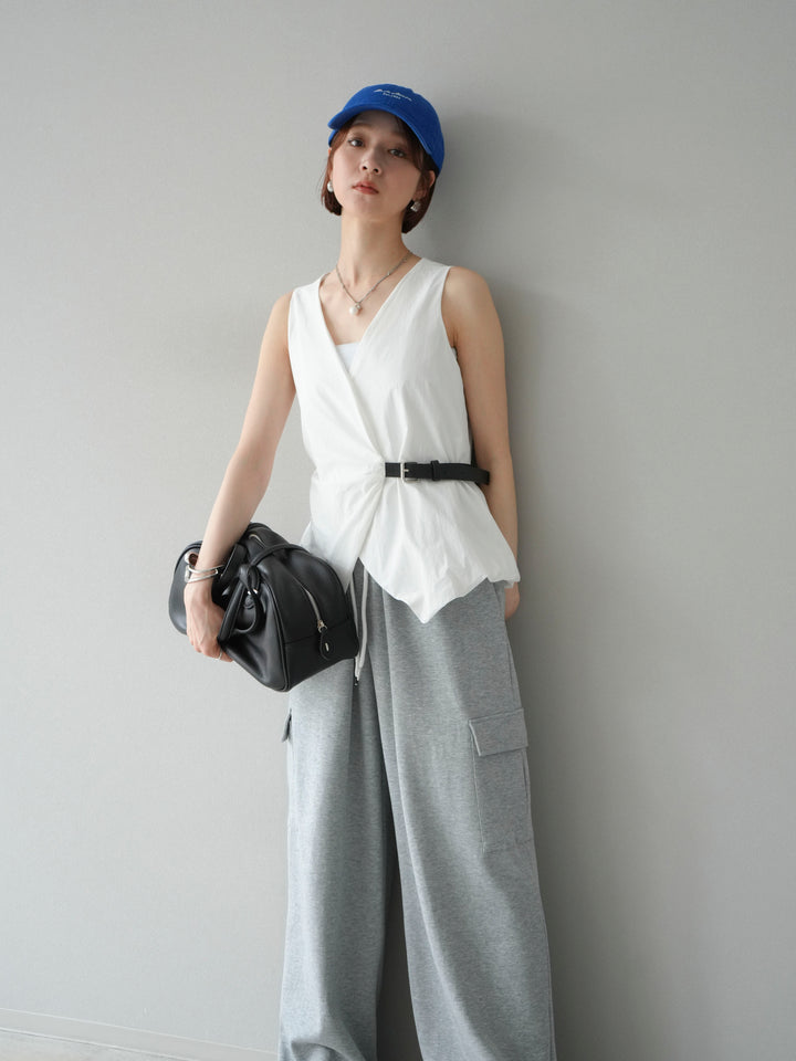 [SET]ベルトデザインバルーンブラウス+ウエストラインサイドポケットスウェットパンツ(2set)
