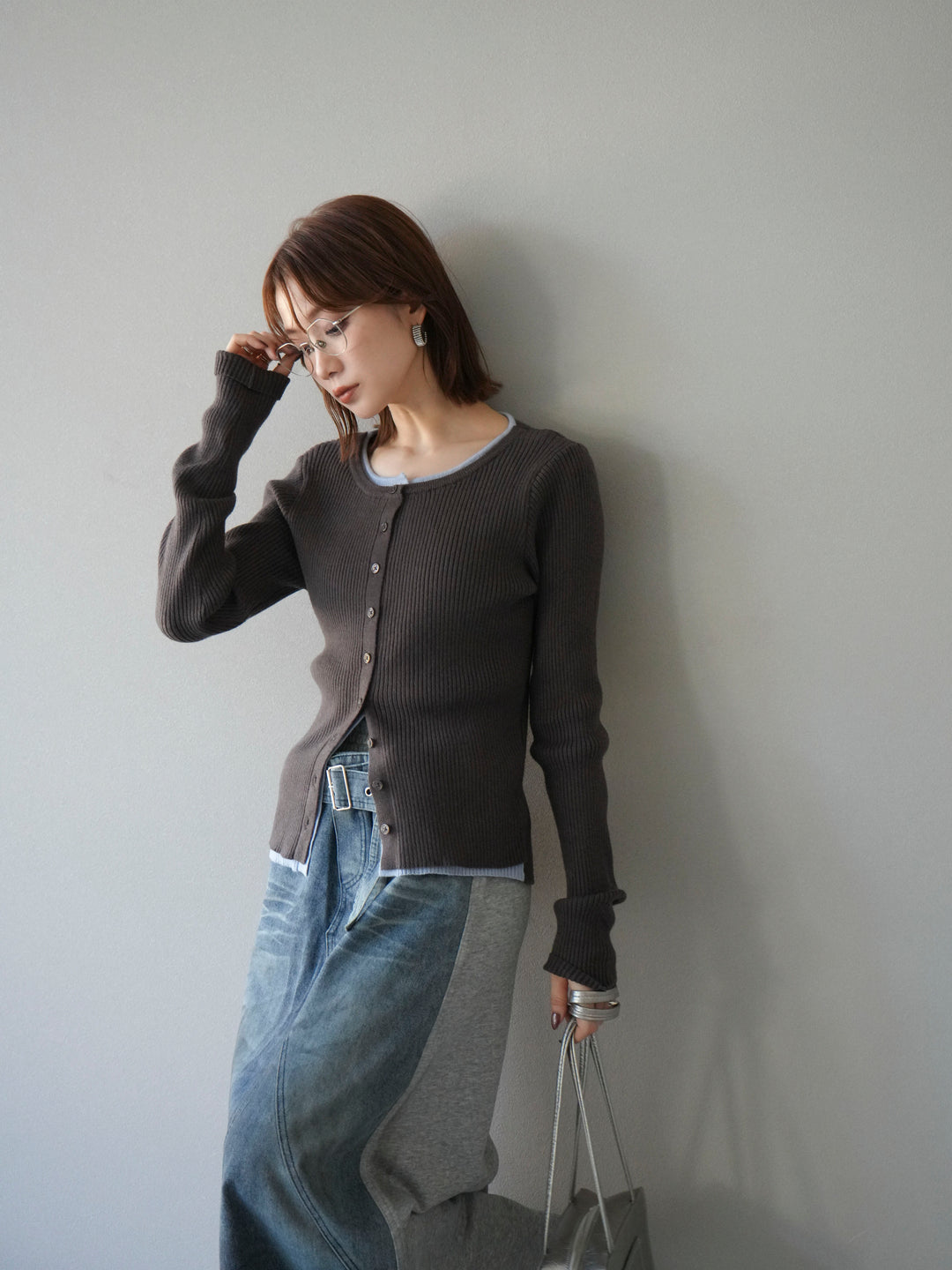 [予約]レイヤード配色ニットカーディガン/グレー