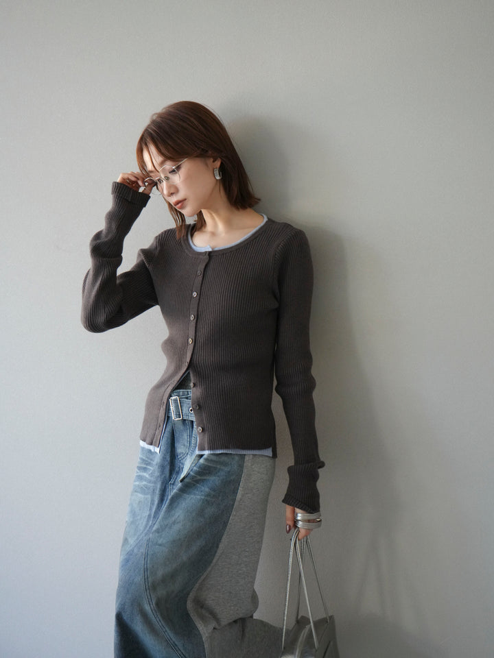 [予約]レイヤード配色ニットカーディガン/グレー