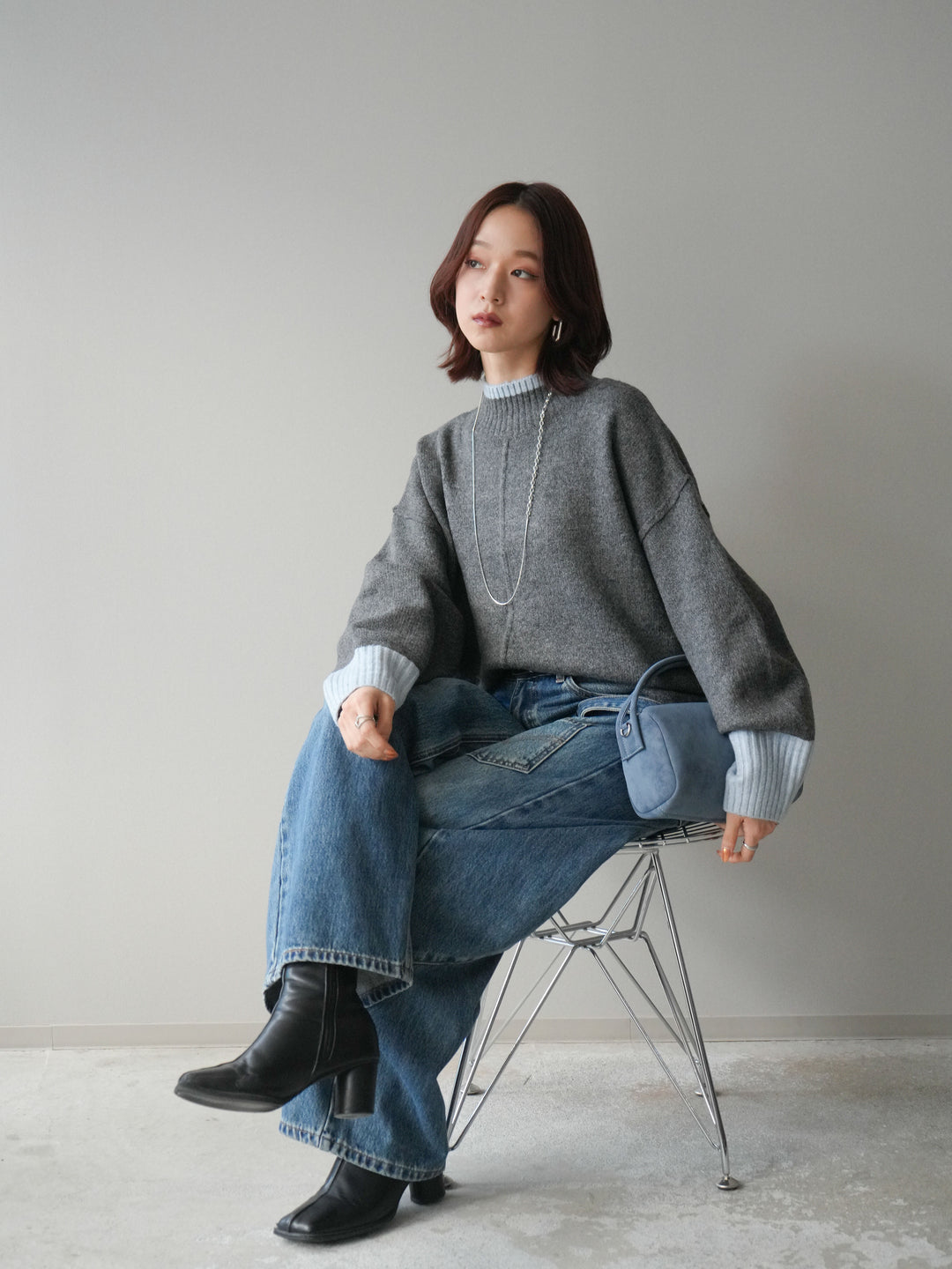 [SET]配色ハイネックニットプルオーバー+ペインターカーブデニムパンツ(2set)