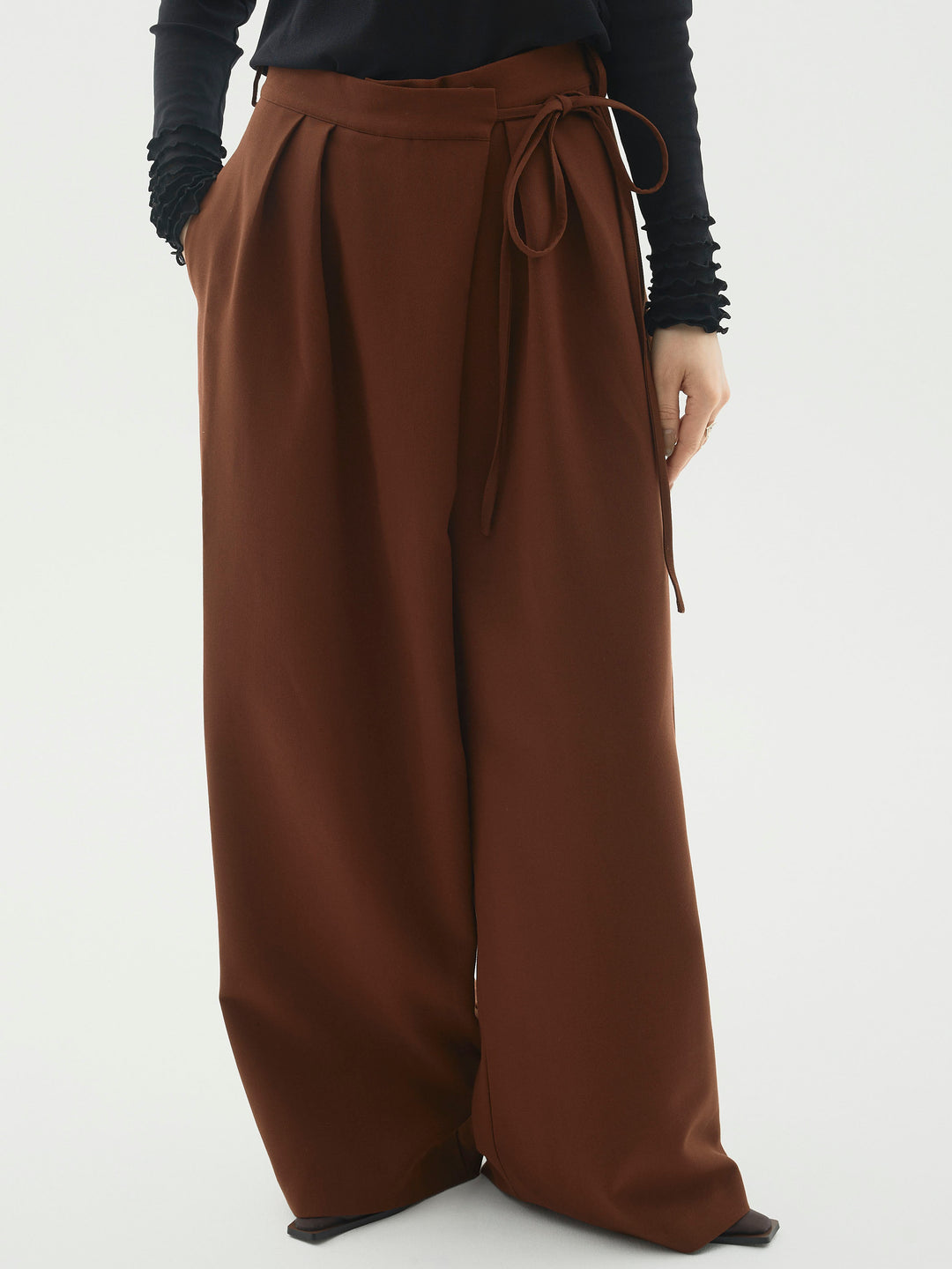 [予約]ラップデザインタックワイドパンツ/ブラウン