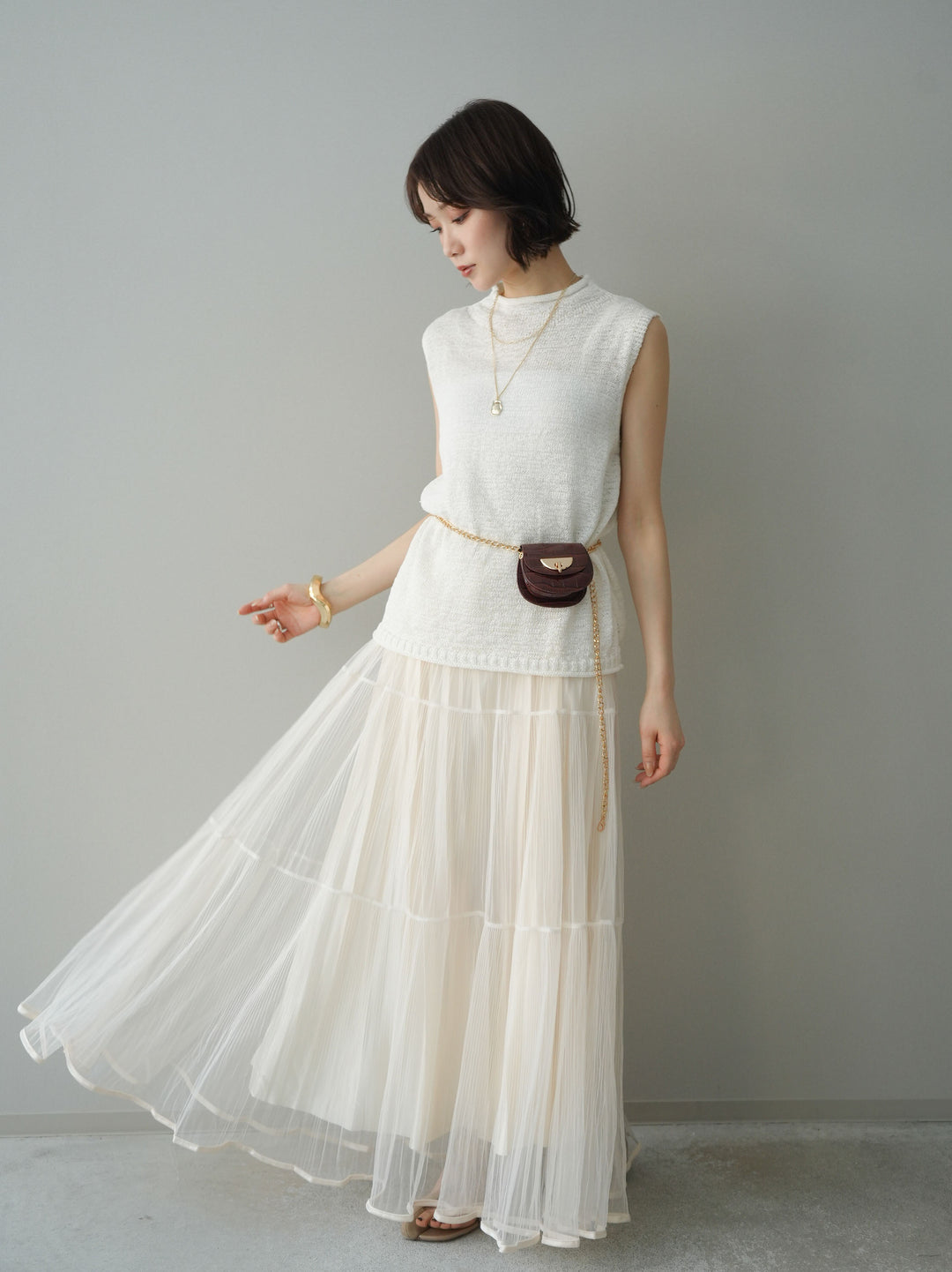 [予約]ラメプリーツレイヤードチュールロングスカート/ivory